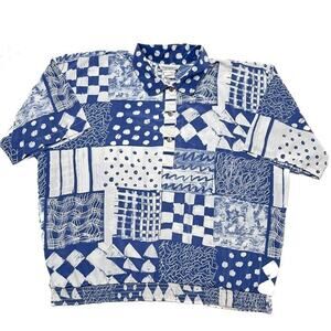 Peter Popovitch Vintage 80s Geometric Patchwork Polo Shirt Elastic Waist Blue